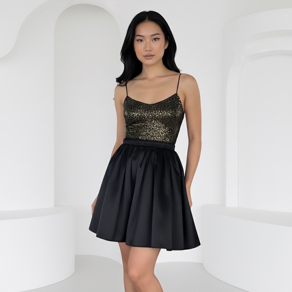 Elegant Black Satin dress with Gold Layered Bustier Top